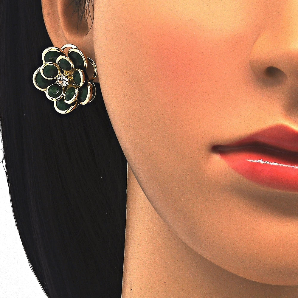 Oro Laminado Earring and Pendant Adult Set, Gold Filled Style Flower Design, with Green and White Crystal, Polished, Golden Finish