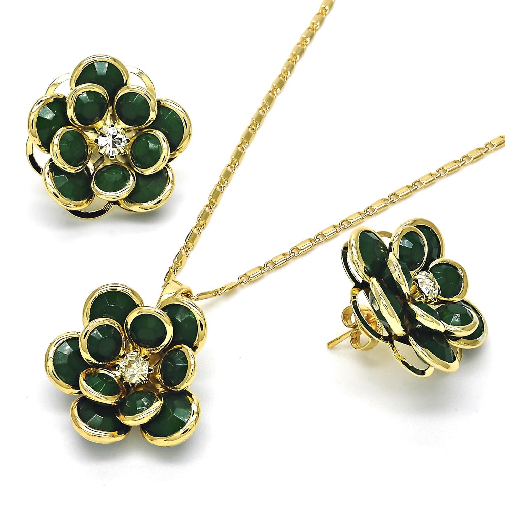Oro Laminado Earring and Pendant Adult Set, Gold Filled Style Flower Design, with Green and White Crystal, Polished, Golden Finish
