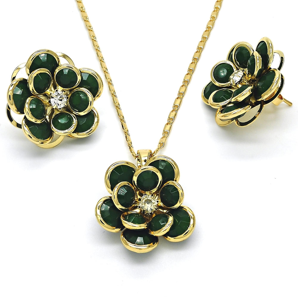 Oro Laminado Earring and Pendant Adult Set, Gold Filled Style Flower Design, with Green and White Crystal, Polished, Golden Finish