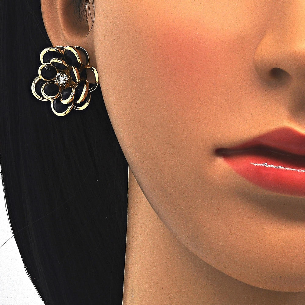 Oro Laminado Earring and Pendant Adult Set, Gold Filled Style Flower Design, with Black and White Crystal, Polished, Golden Finish