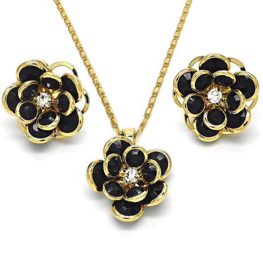 Oro Laminado Earring and Pendant Adult Set, Gold Filled Style Flower Design, with Black and White Crystal, Polished, Golden Finish
