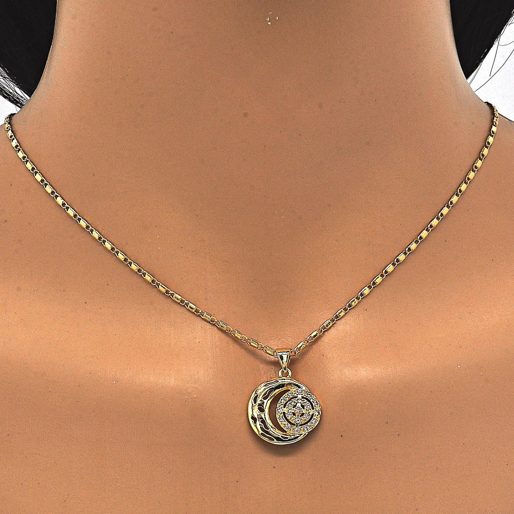 Oro Laminado Pendant Necklace, Gold Filled Style Moon Design, with White Cubic Zirconia, Polished, Golden Finish