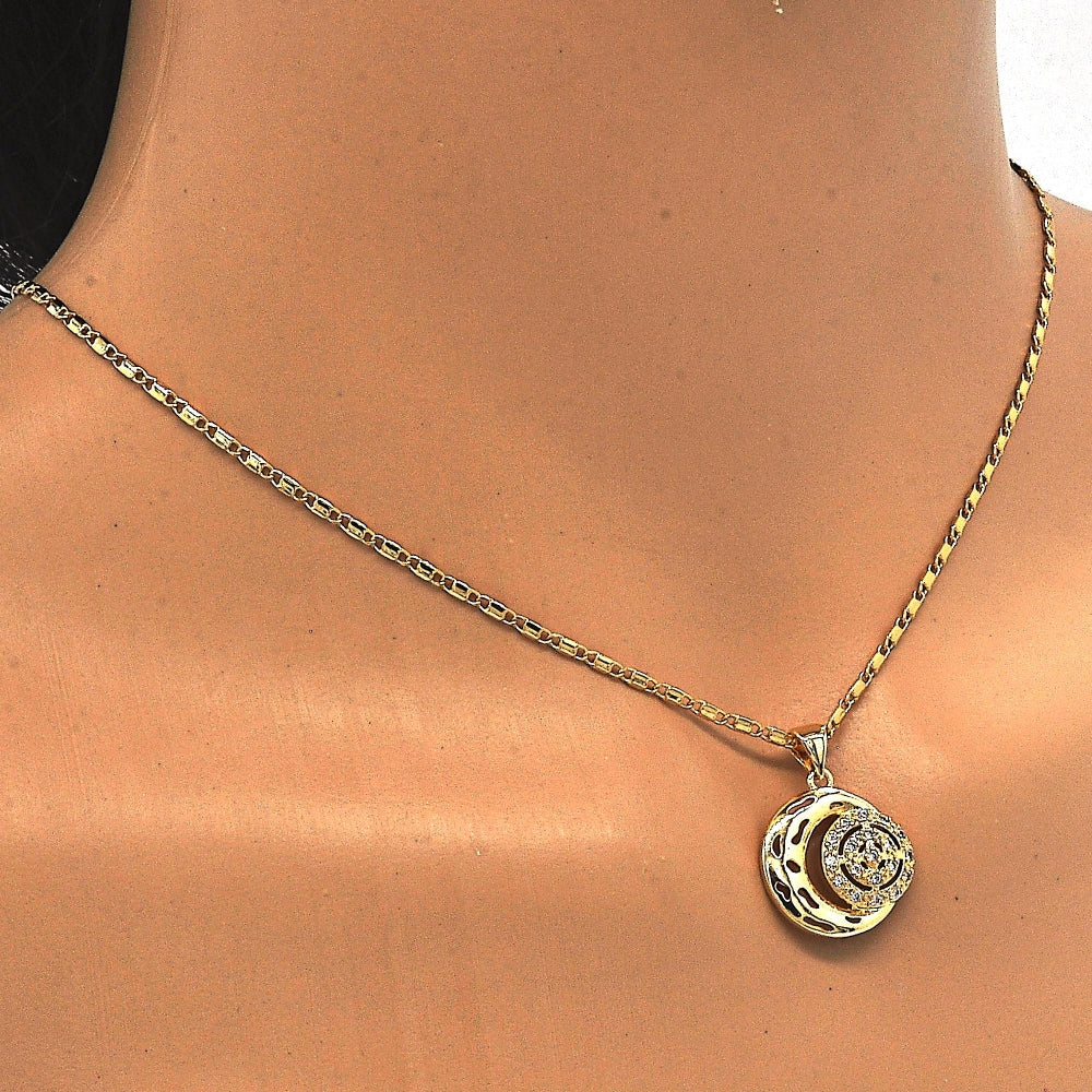 Oro Laminado Pendant Necklace, Gold Filled Style Moon Design, with White Cubic Zirconia, Polished, Golden Finish
