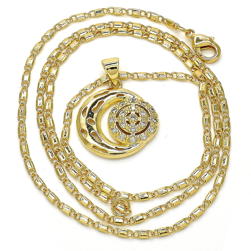 Oro Laminado Pendant Necklace, Gold Filled Style Moon Design, with White Cubic Zirconia, Polished, Golden Finish