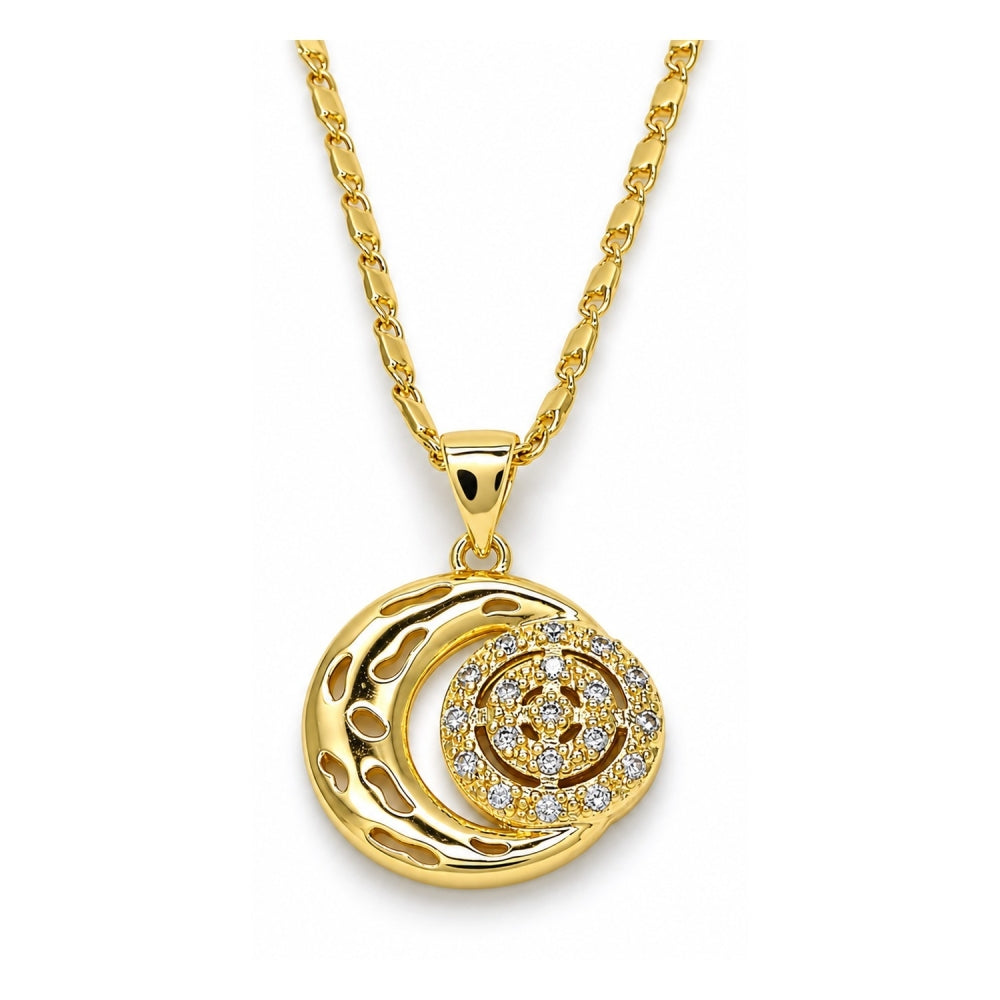 Oro Laminado Pendant Necklace, Gold Filled Style Moon Design, with White Cubic Zirconia, Polished, Golden Finish