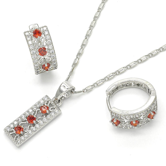 Rhodium Gold Filled Earring and Pendant Adult Set, with Garnet and White Cubic Zirconia, Polished, Rhodium Finish