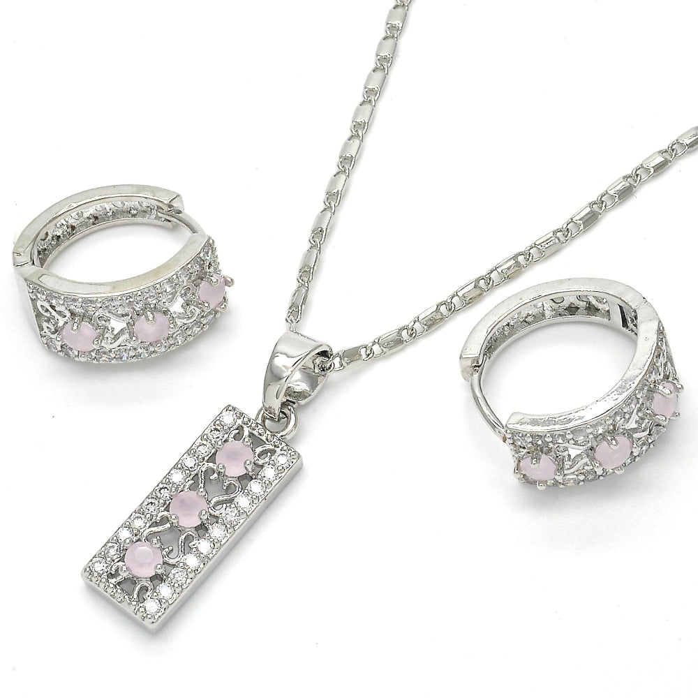 White Gold Filled Earring and Pendant Adult Set, with Pink and White Cubic Zirconia, Polished, Rhodium Finish