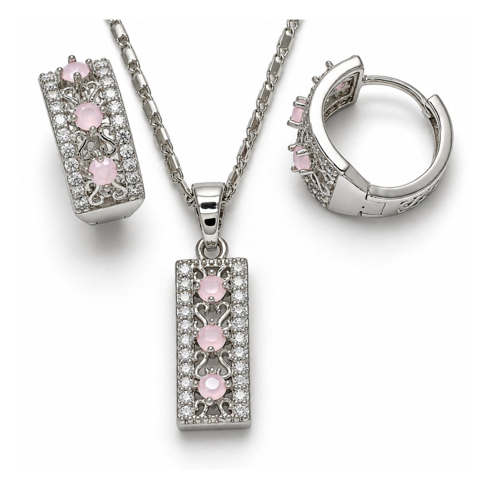 White Gold Filled Earring and Pendant Adult Set, with Pink and White Cubic Zirconia, Polished, Rhodium Finish