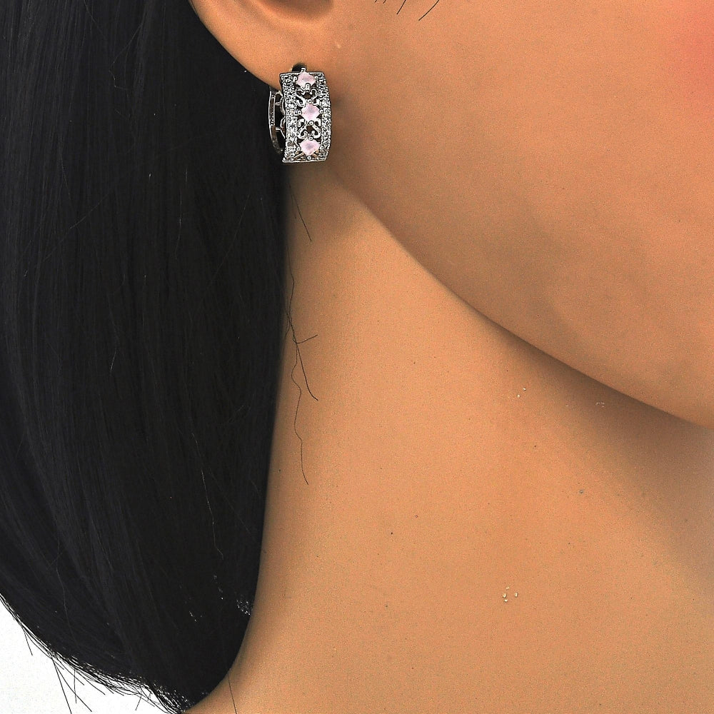 Rhodium Gold Filled Huggie Hoop, with Pink and White Cubic Zirconia, Polished, Rhodium Finish