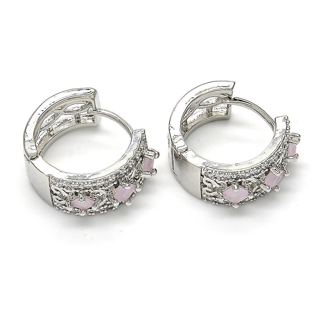 Rhodium Gold Filled Huggie Hoop, with Pink and White Cubic Zirconia, Polished, Rhodium Finish
