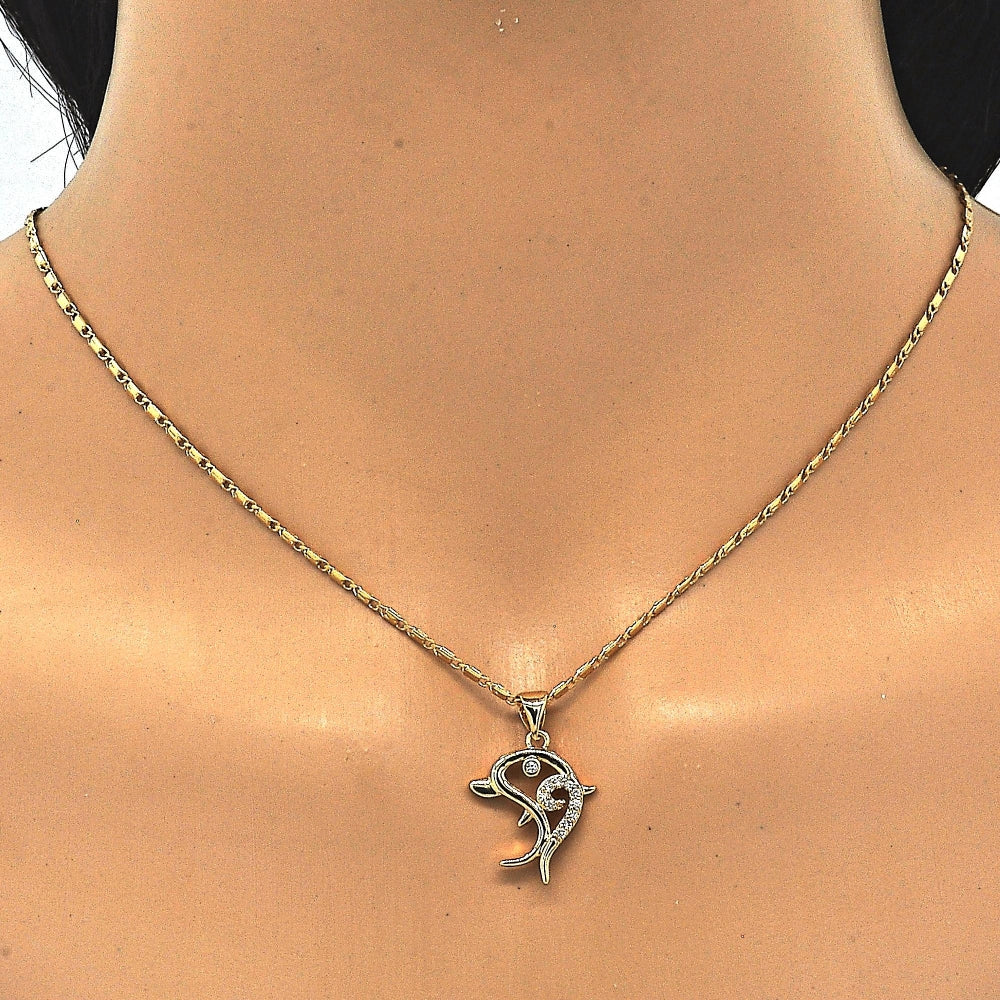 Oro Laminado Pendant Necklace, Gold Filled Style Dolphin Design, with White Cubic Zirconia, Polished, Golden Finish