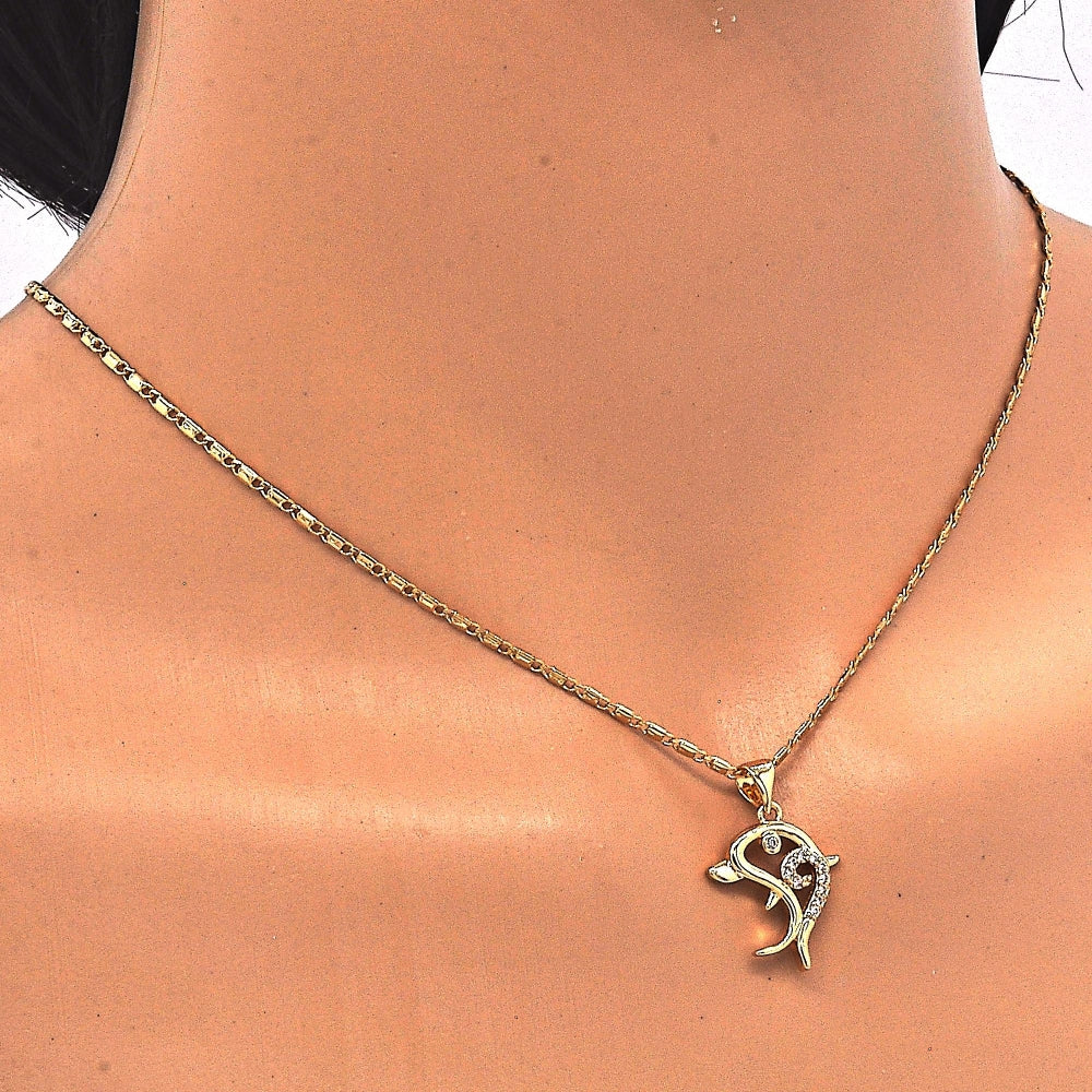Oro Laminado Pendant Necklace, Gold Filled Style Dolphin Design, with White Cubic Zirconia, Polished, Golden Finish