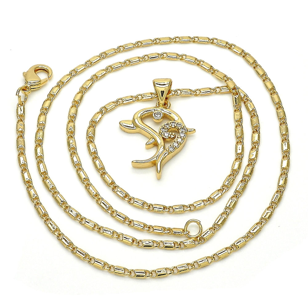 Oro Laminado Pendant Necklace, Gold Filled Style Dolphin Design, with White Cubic Zirconia, Polished, Golden Finish