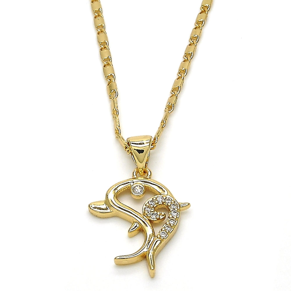 Oro Laminado Pendant Necklace, Gold Filled Style Dolphin Design, with White Cubic Zirconia, Polished, Golden Finish