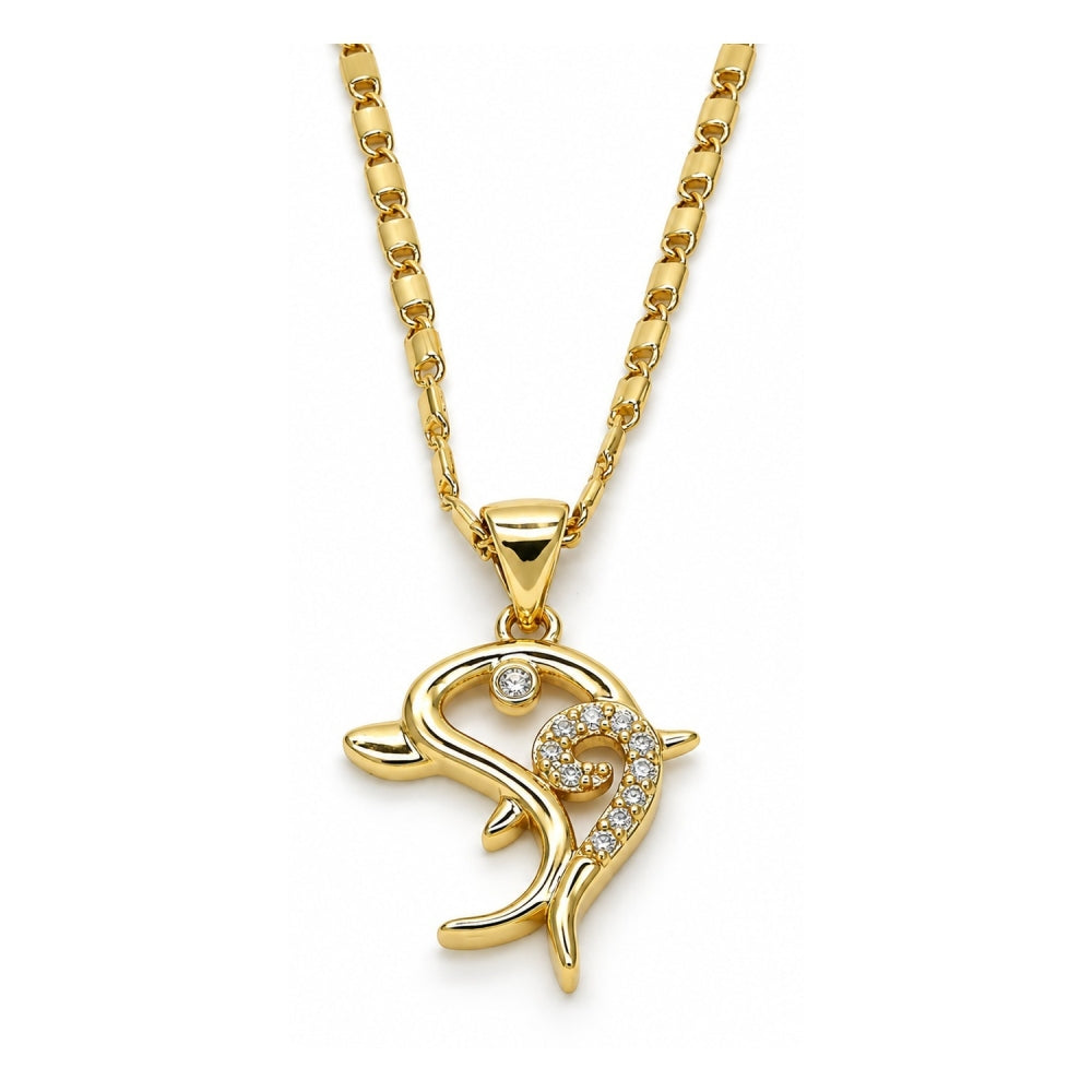 Oro Laminado Pendant Necklace, Gold Filled Style Dolphin Design, with White Cubic Zirconia, Polished, Golden Finish