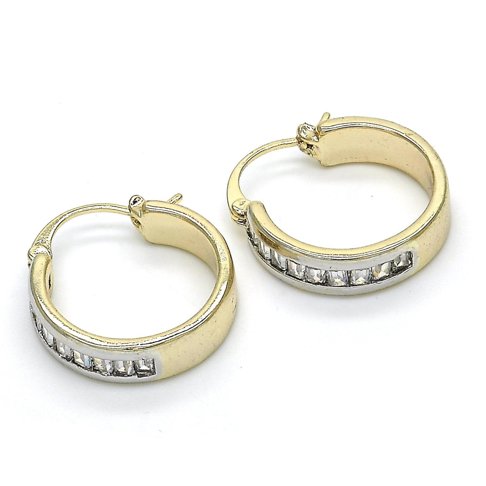 Oro Laminado Small Hoop, Gold Filled Style Baguette Design, with White Cubic Zirconia, Polished, Two Tone