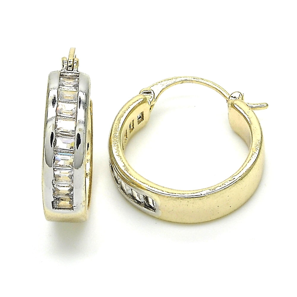 Oro Laminado Small Hoop, Gold Filled Style Baguette Design, with White Cubic Zirconia, Polished, Two Tone