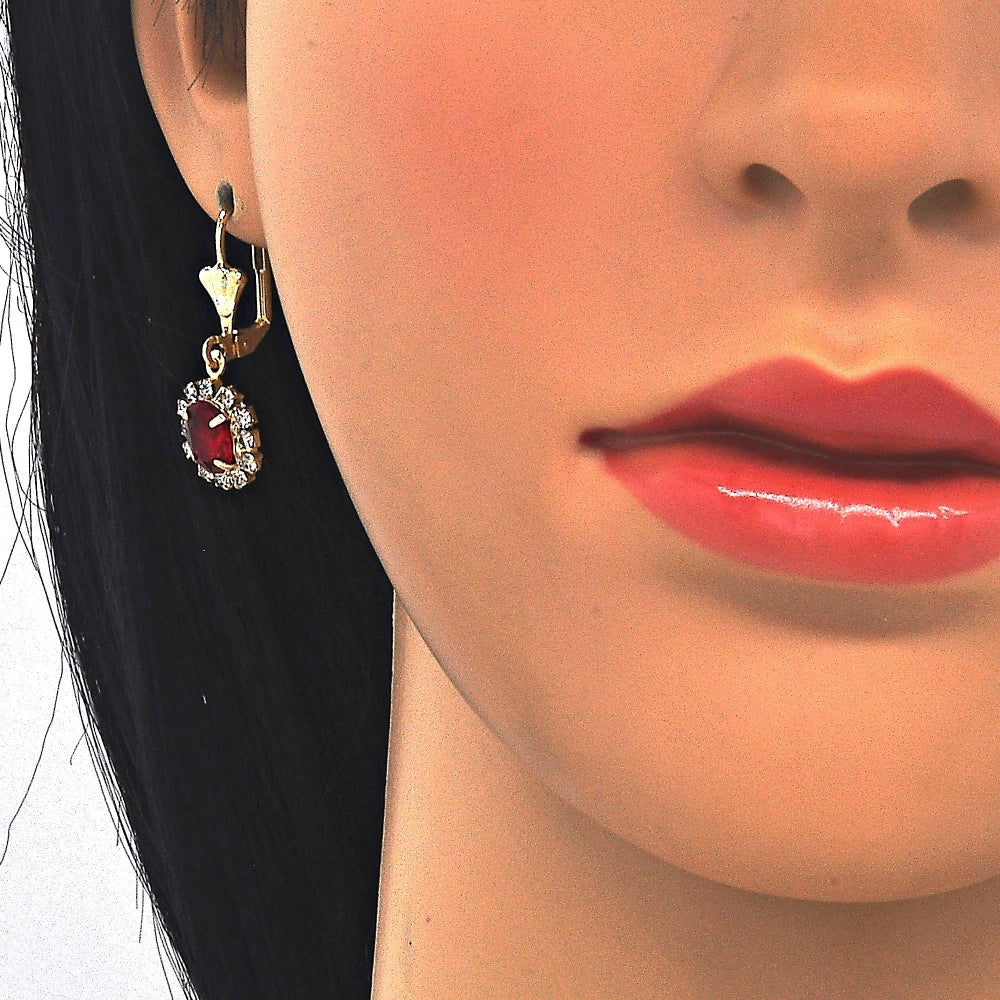 Oro Laminado Earring and Pendant Adult Set, Gold Filled Style Owl Design, with Garnet and White Crystal, Polished, Golden Finish