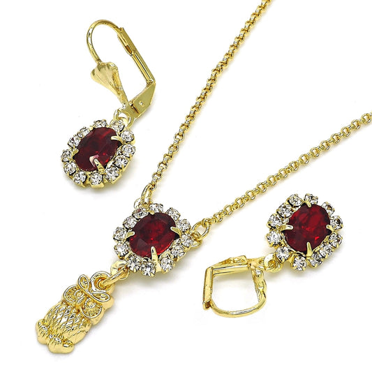 Oro Laminado Earring and Pendant Adult Set, Gold Filled Style Owl Design, with Garnet and White Crystal, Polished, Golden Finish