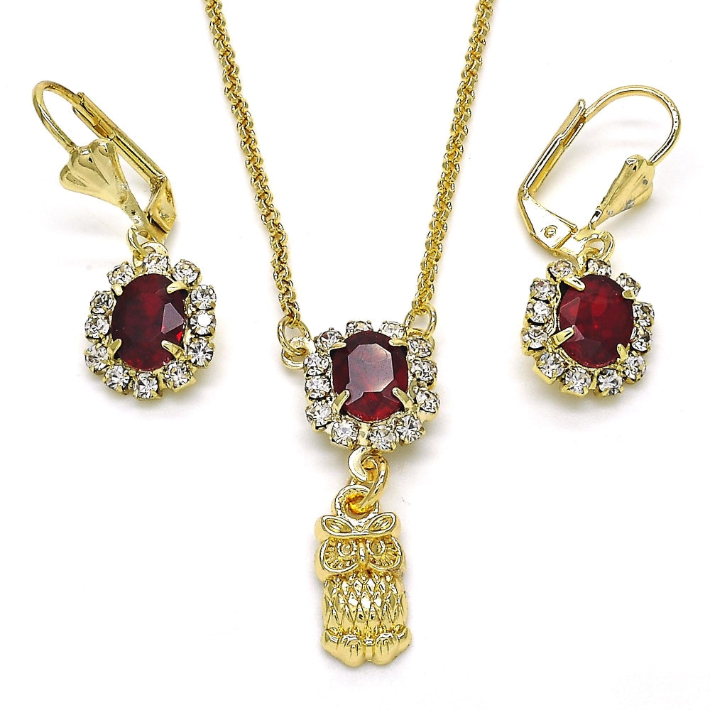 Oro Laminado Earring and Pendant Adult Set, Gold Filled Style Owl Design, with Garnet and White Crystal, Polished, Golden Finish