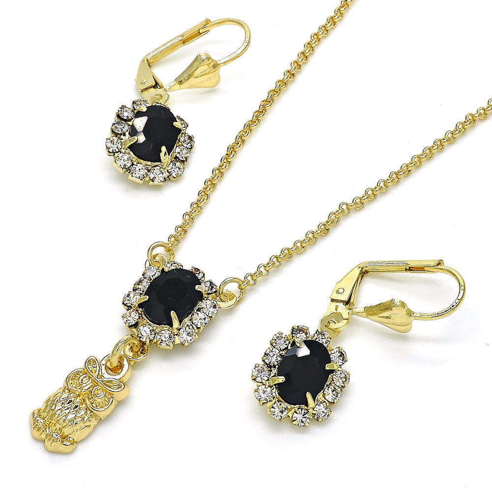 Oro Laminado Earring and Pendant Adult Set, Gold Filled Style Owl Design, with Black and White Crystal, Polished, Golden Finish