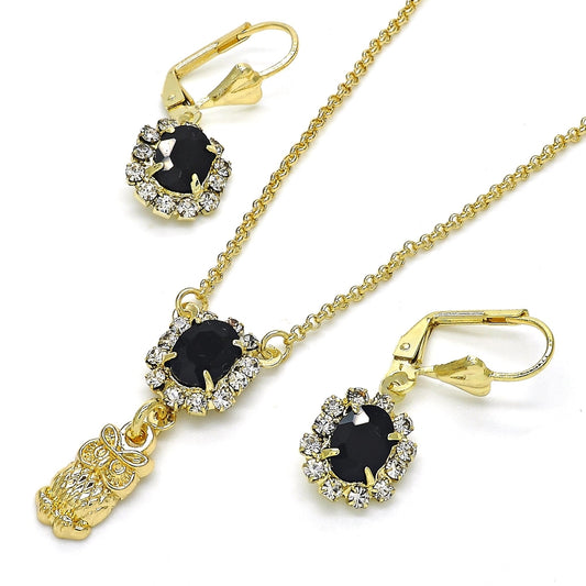 Oro Laminado Earring and Pendant Adult Set, Gold Filled Style Owl Design, with Black and White Crystal, Polished, Golden Finish