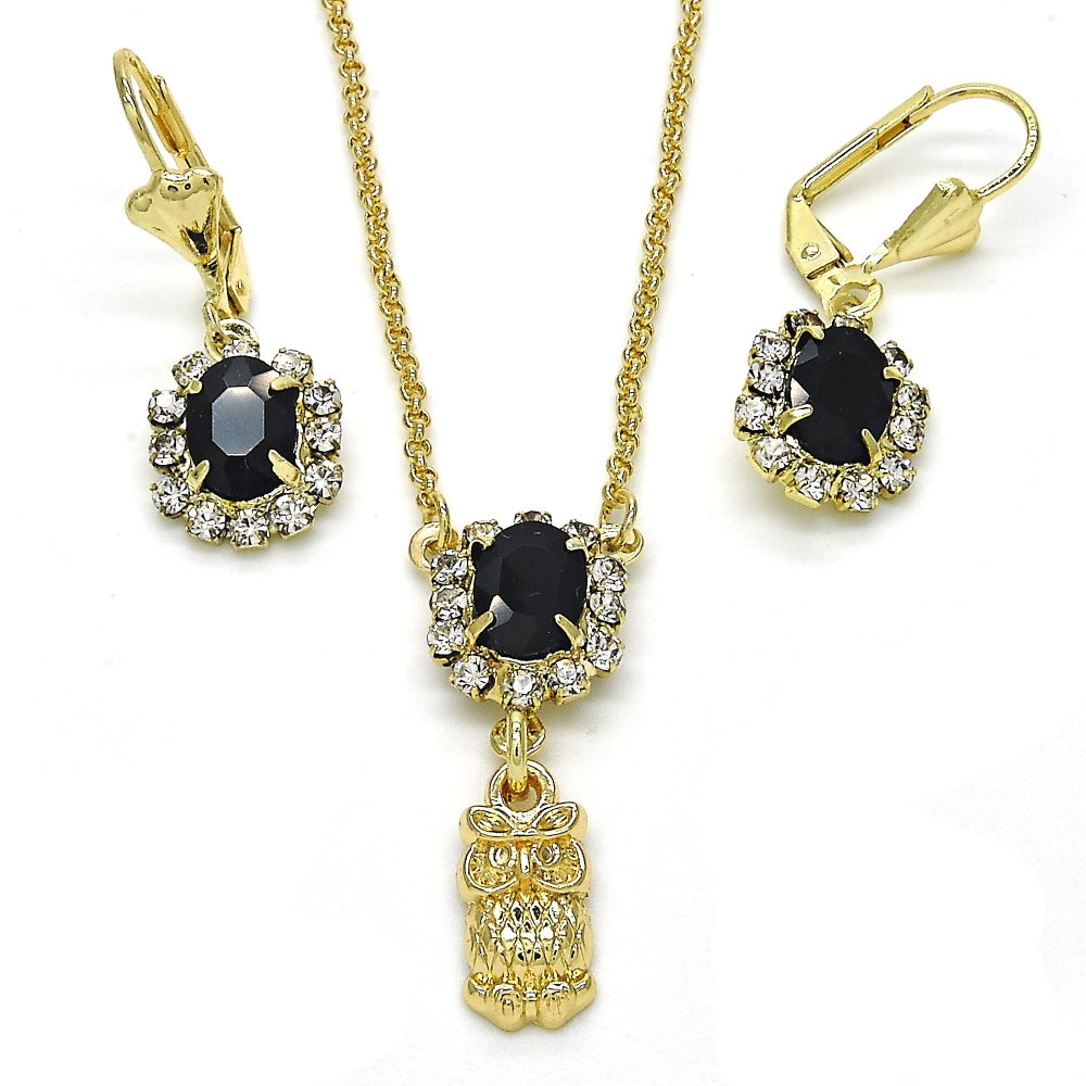 Oro Laminado Earring and Pendant Adult Set, Gold Filled Style Owl Design, with Black and White Crystal, Polished, Golden Finish