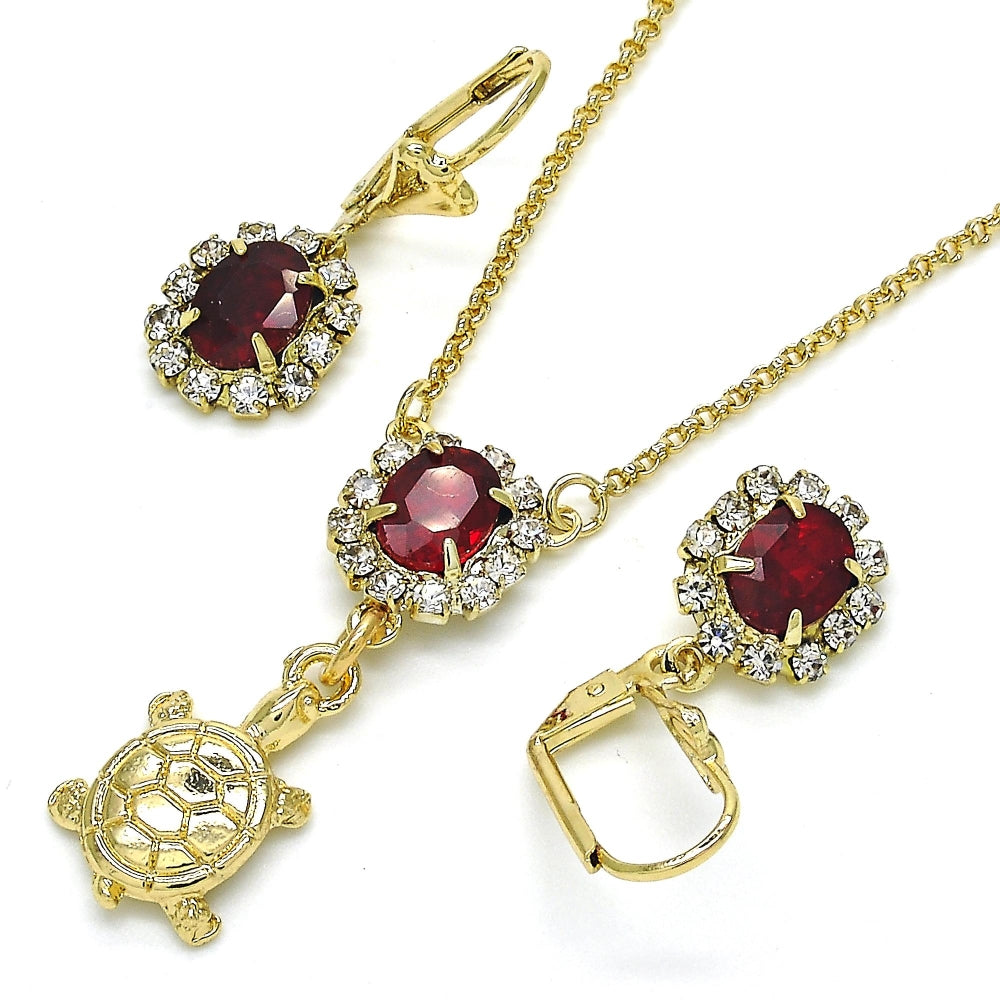 Oro Laminado Earring and Pendant Adult Set, Gold Filled Style Turtle Design, with Garnet and White Crystal, Polished, Golden Finish