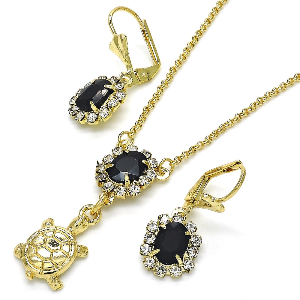Oro Laminado Earring and Pendant Adult Set, Gold Filled Style Turtle Design, with Black and White Crystal, Polished, Golden Finish