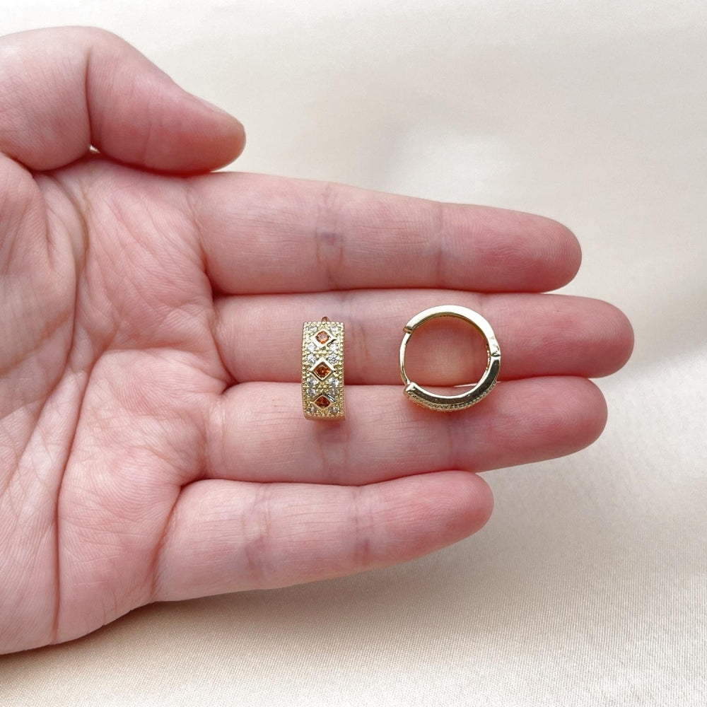 Oro Laminado Huggie Hoop, Gold Filled Style with Garnet Cubic Zirconia and White Micro Pave, Polished, Golden Finish