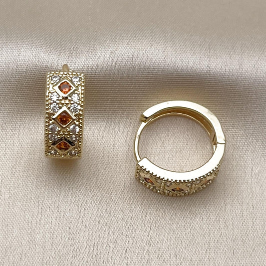 Oro Laminado Huggie Hoop, Gold Filled Style with Garnet Cubic Zirconia and White Micro Pave, Polished, Golden Finish