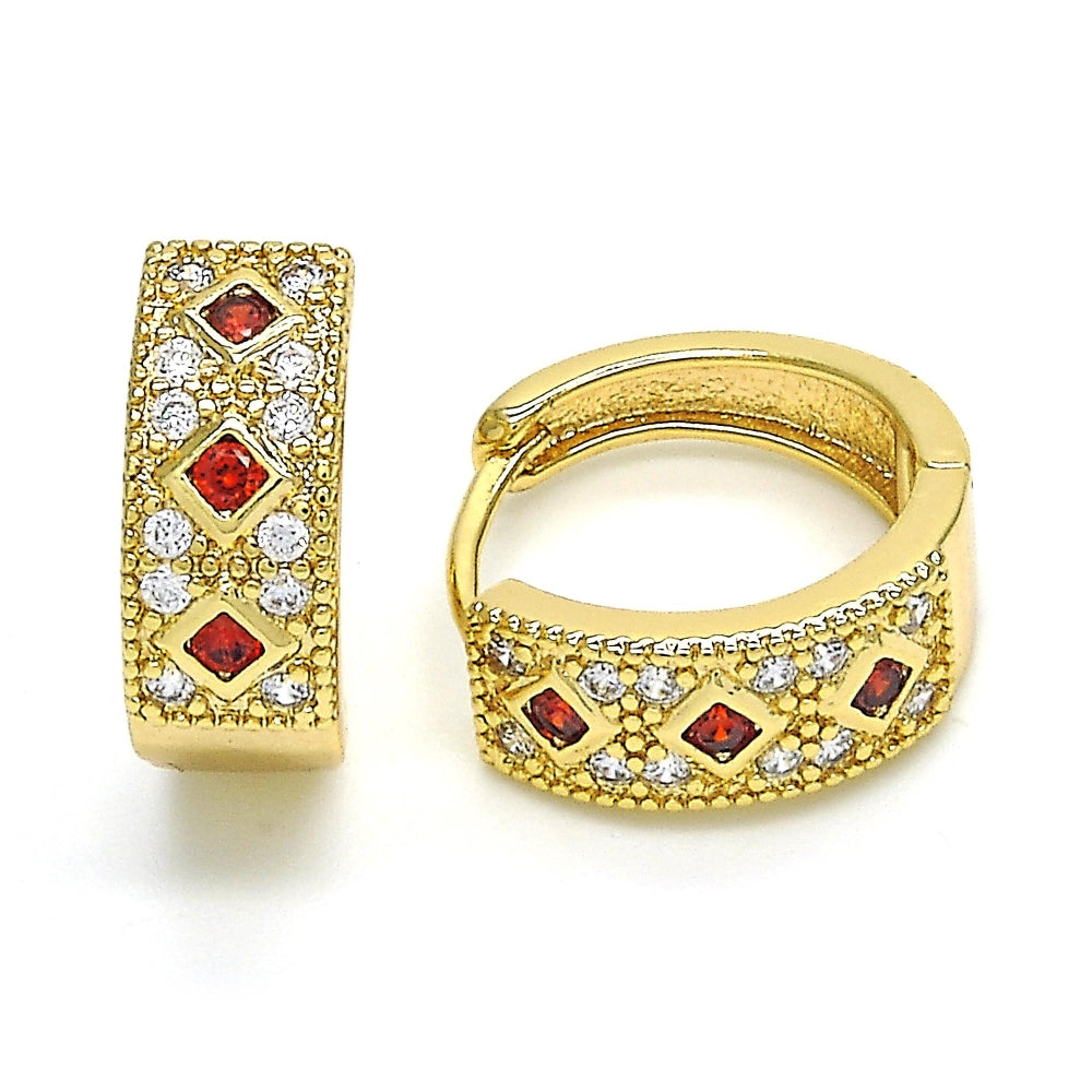 Oro Laminado Huggie Hoop, Gold Filled Style with Garnet Cubic Zirconia and White Micro Pave, Polished, Golden Finish