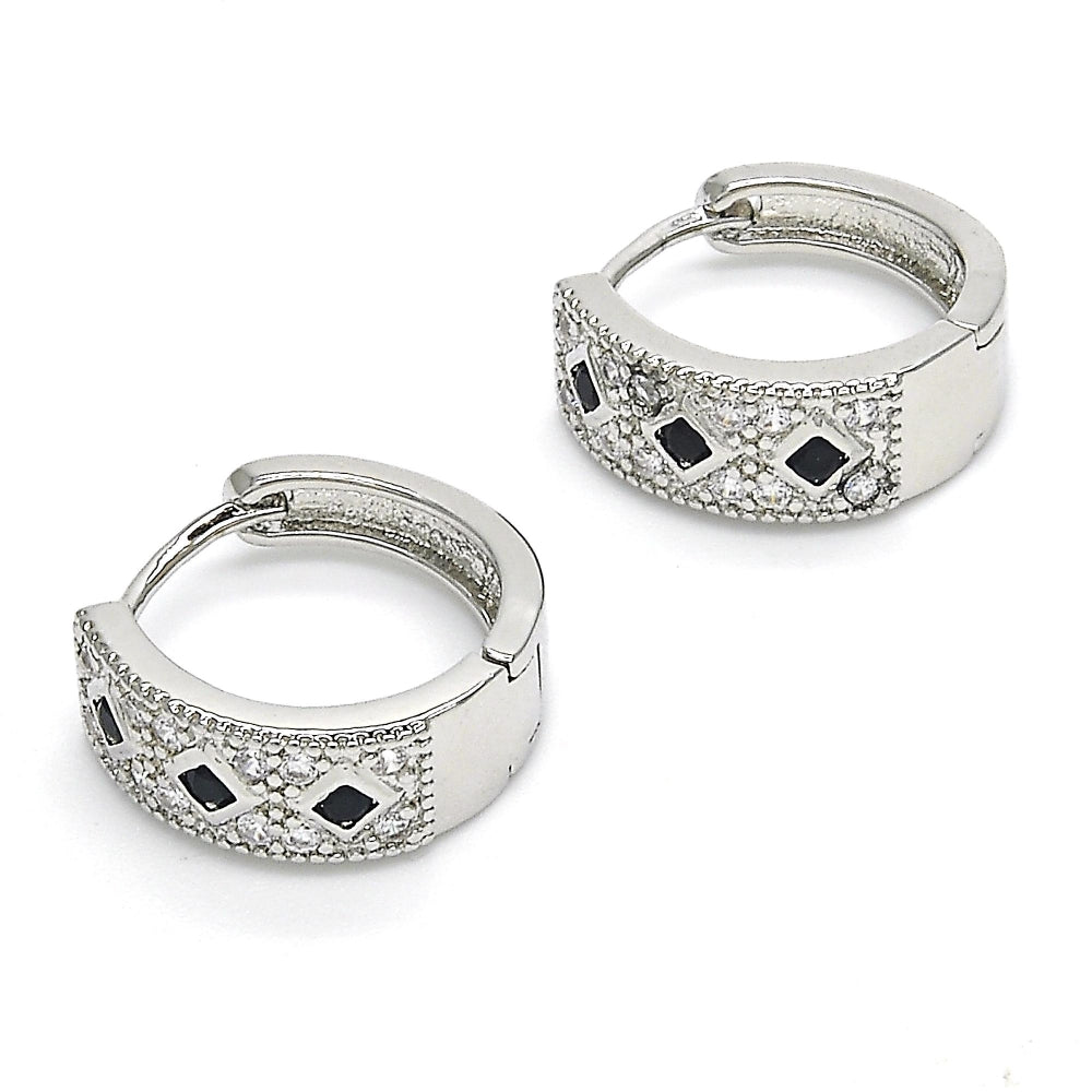 Rhodium Gold Filled Huggie Hoop, with Black and White Cubic Zirconia, Polished, Rhodium Finish