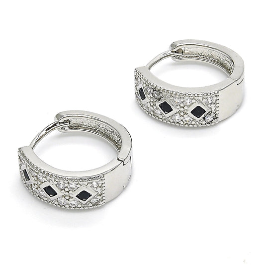 Rhodium Gold Filled Huggie Hoop, with Black and White Cubic Zirconia, Polished, Rhodium Finish