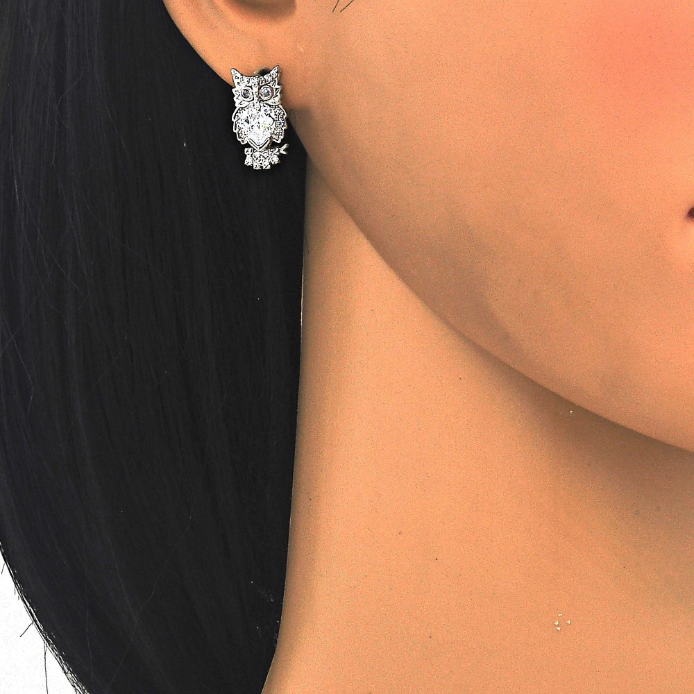 Rhodium Gold Filled Stud Earring, Owl Design, with White Cubic Zirconia, Polished, Rhodium Finish