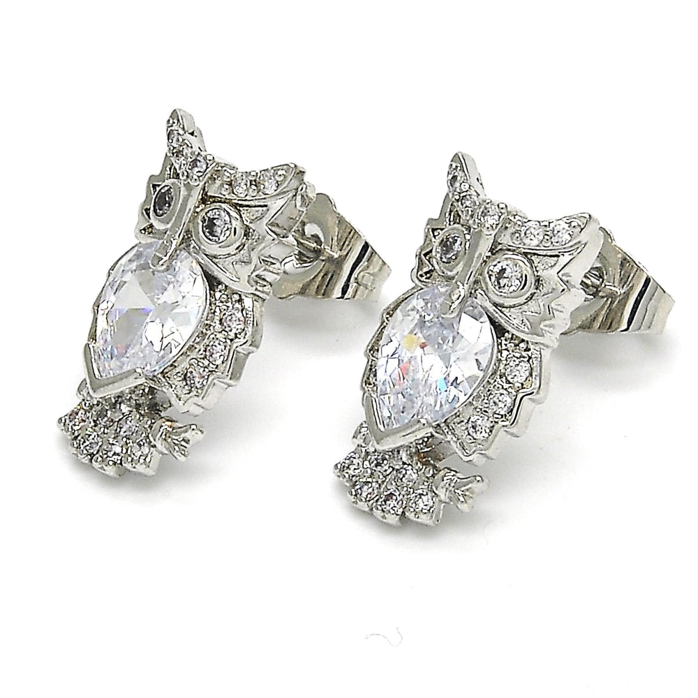 Rhodium Gold Filled Stud Earring, Owl Design, with White Cubic Zirconia, Polished, Rhodium Finish