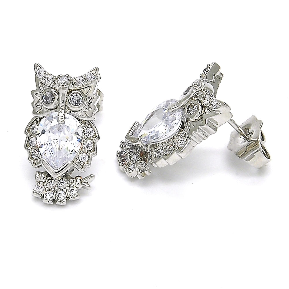 Rhodium Gold Filled Stud Earring, Owl Design, with White Cubic Zirconia, Polished, Rhodium Finish