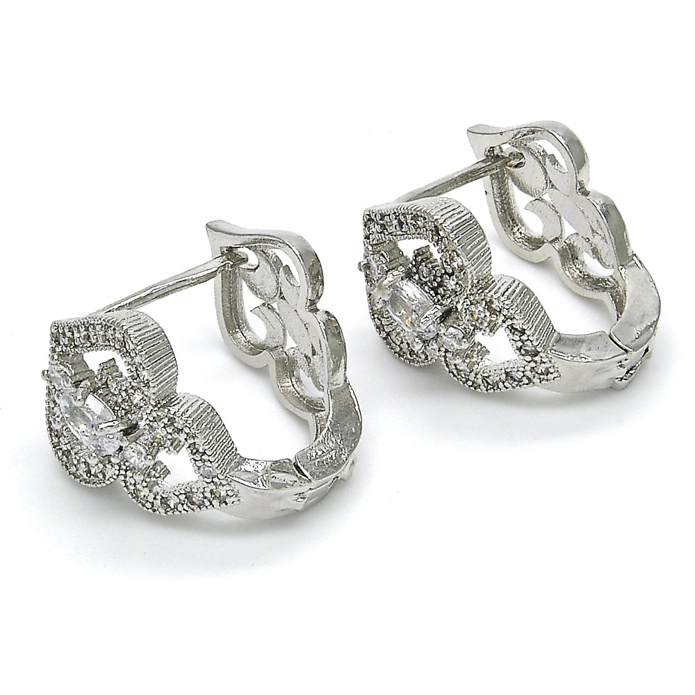 Rhodium Gold Filled Huggie Hoop, Heart Design, with White Cubic Zirconia, Polished, Rhodium Finish