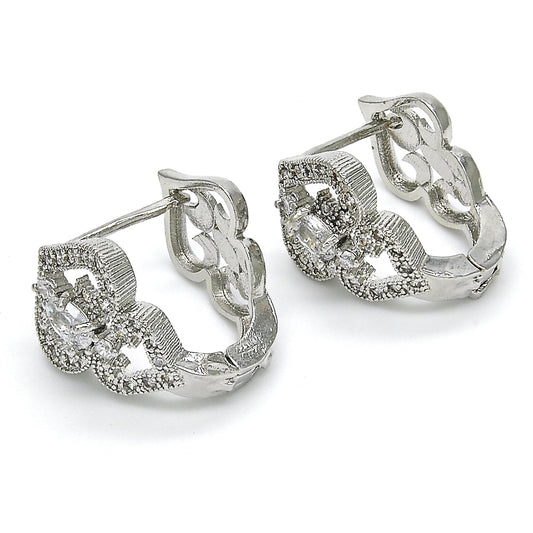 Rhodium Gold Filled Huggie Hoop, Heart Design, with White Cubic Zirconia, Polished, Rhodium Finish