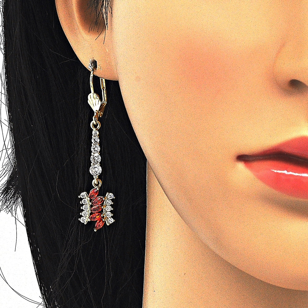 Oro Laminado Long Earring, Gold Filled Style with Garnet and White Cubic Zirconia, Polished, Golden Finish