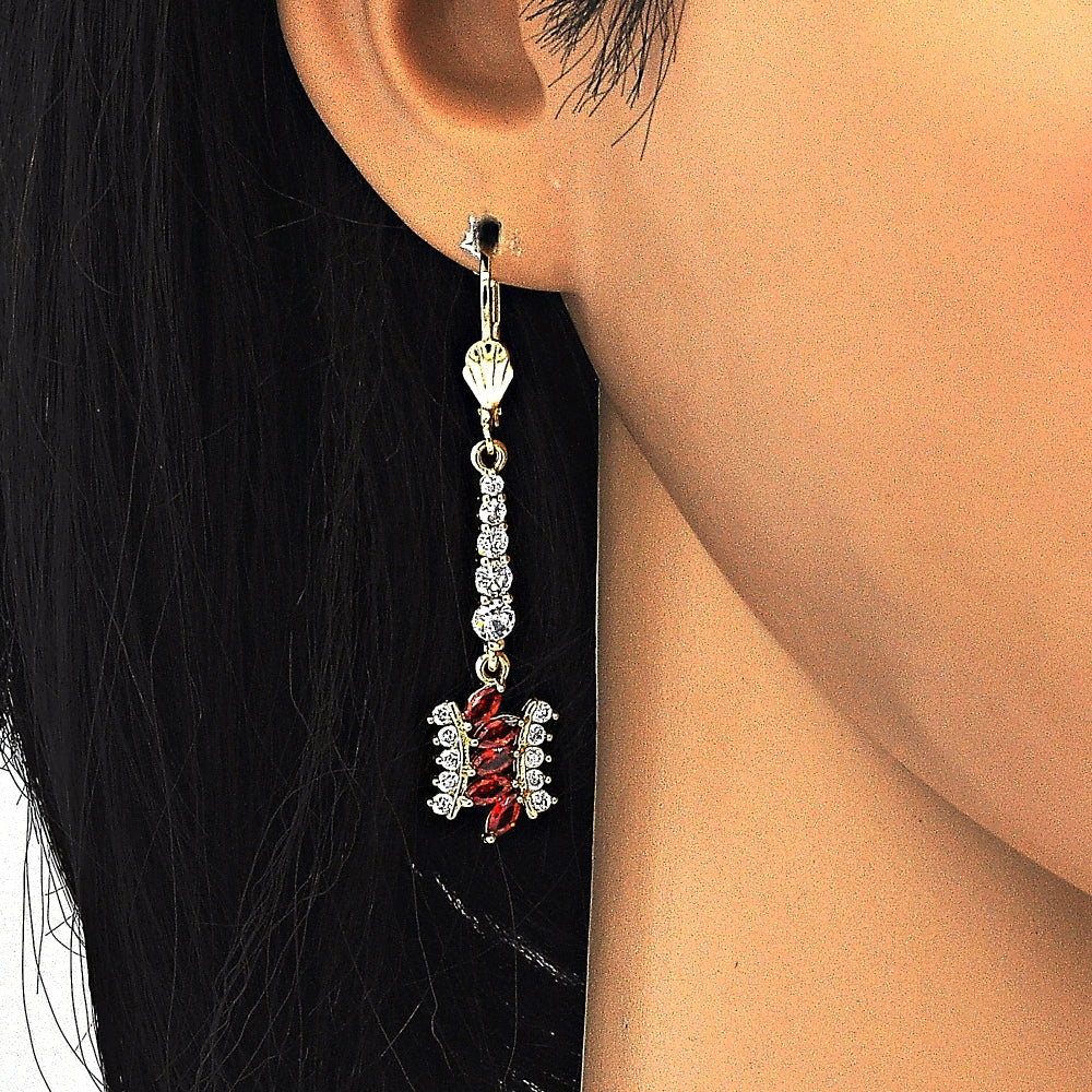 Oro Laminado Long Earring, Gold Filled Style with Garnet and White Cubic Zirconia, Polished, Golden Finish