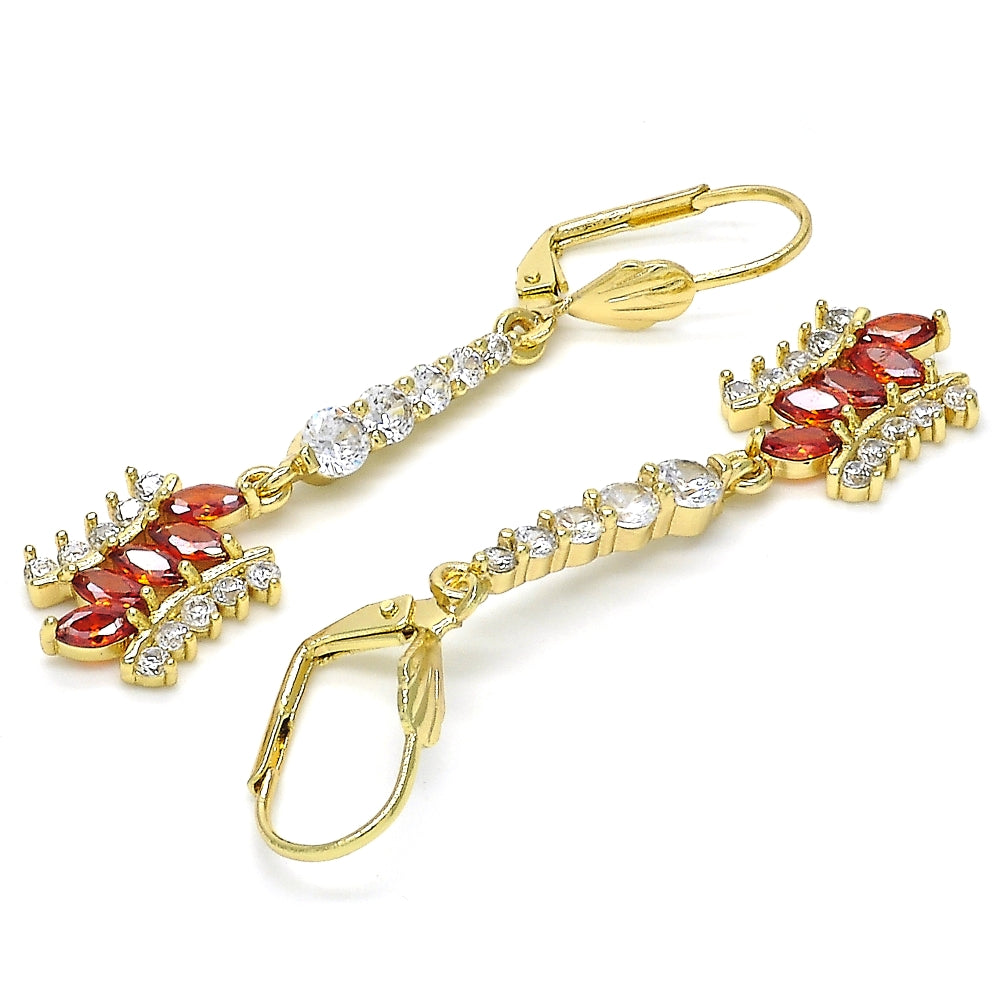 Oro Laminado Long Earring, Gold Filled Style with Garnet and White Cubic Zirconia, Polished, Golden Finish