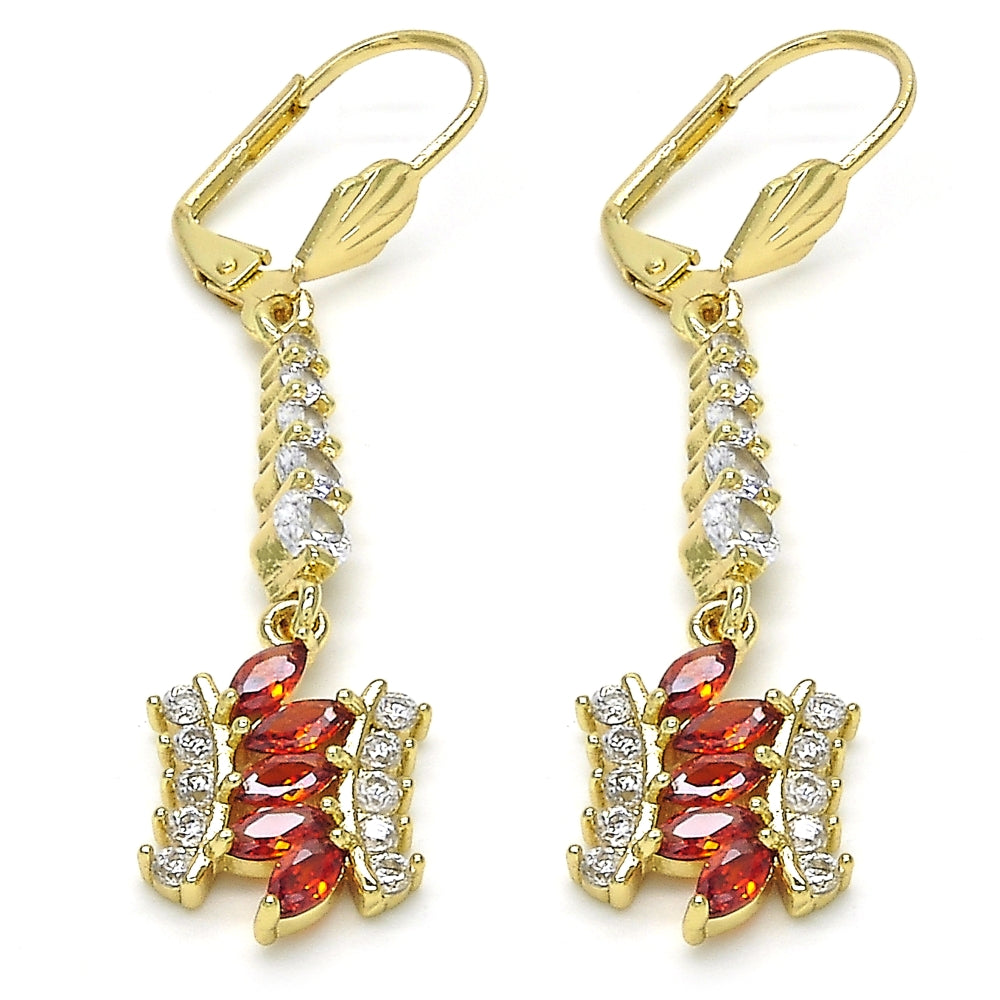 Oro Laminado Long Earring, Gold Filled Style with Garnet and White Cubic Zirconia, Polished, Golden Finish