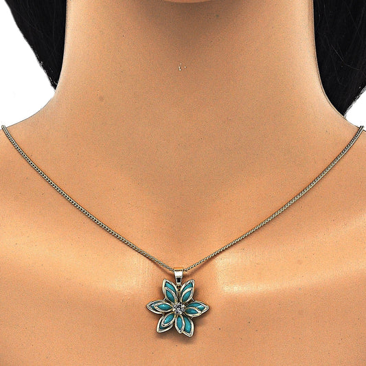 Oro Laminado Earring and Pendant Adult Set, Gold Filled Style Flower Design, with Turquoise and White Crystal, Polished, Golden Finish