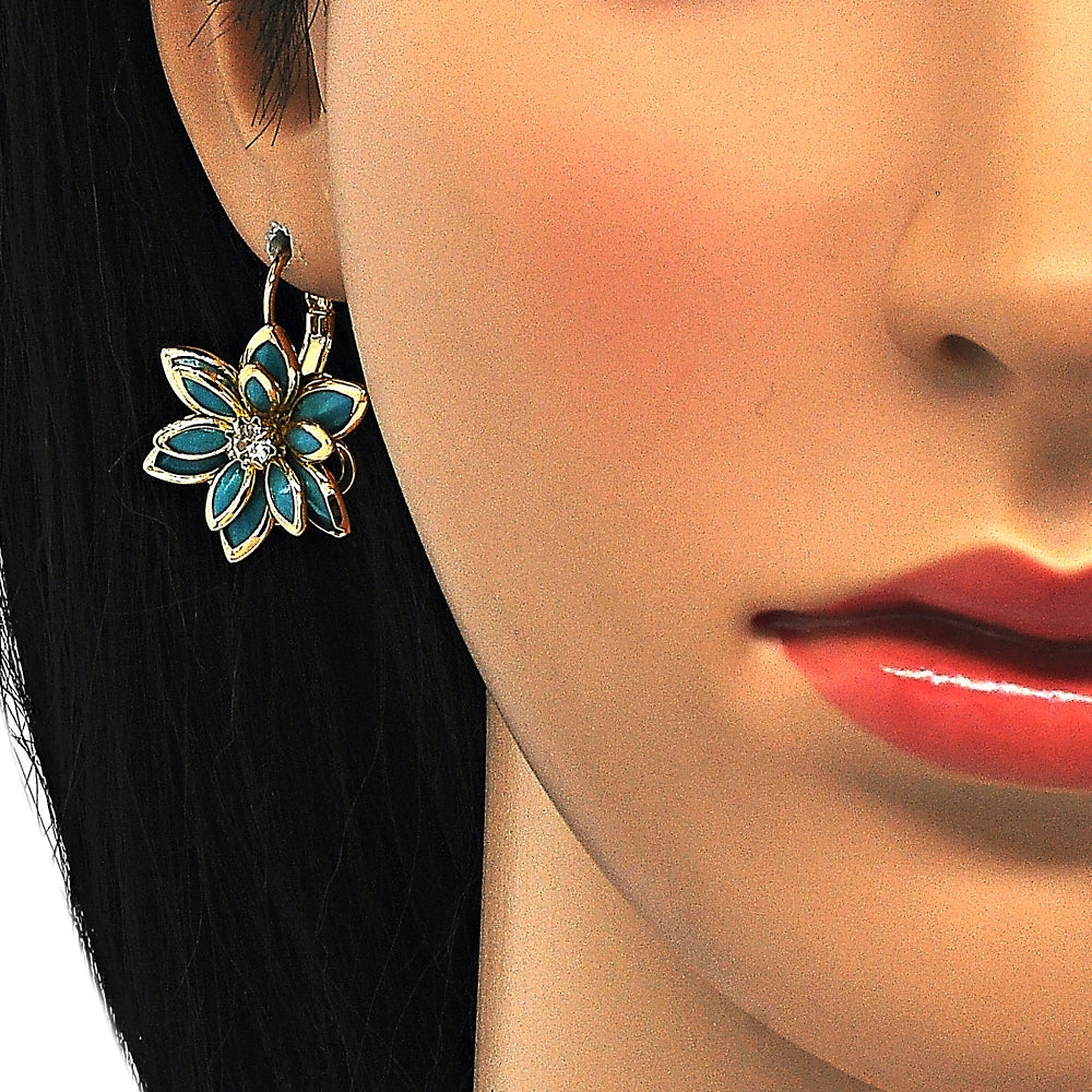 Oro Laminado Earring and Pendant Adult Set, Gold Filled Style Flower Design, with Turquoise and White Crystal, Polished, Golden Finish