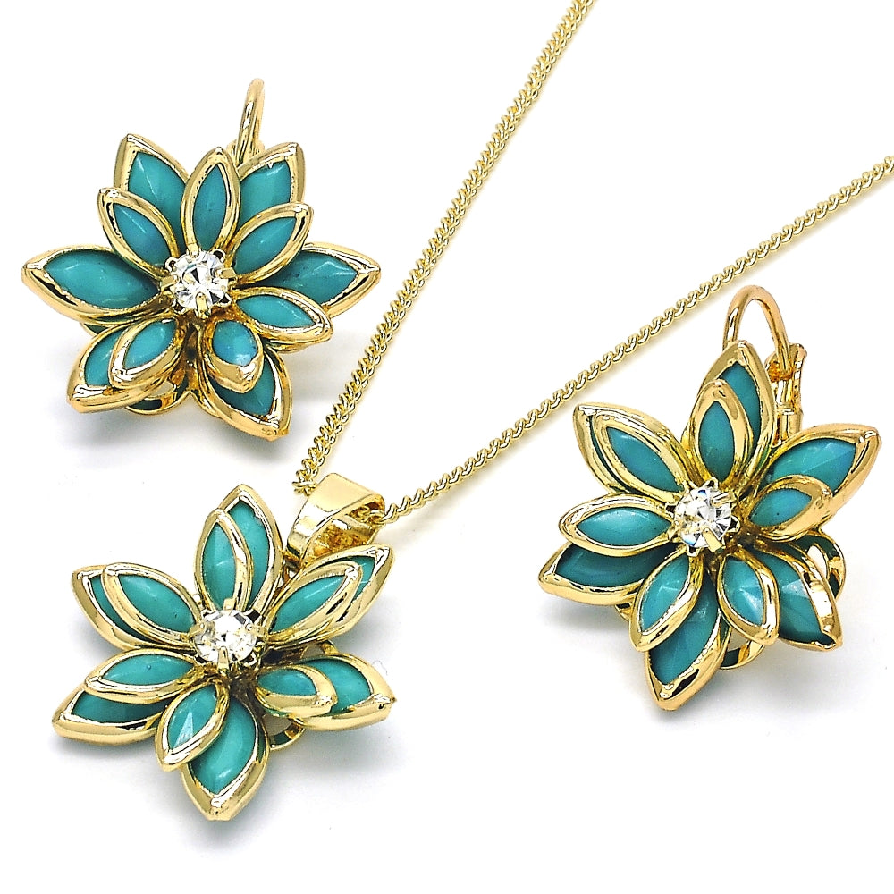 Oro Laminado Earring and Pendant Adult Set, Gold Filled Style Flower Design, with Turquoise and White Crystal, Polished, Golden Finish