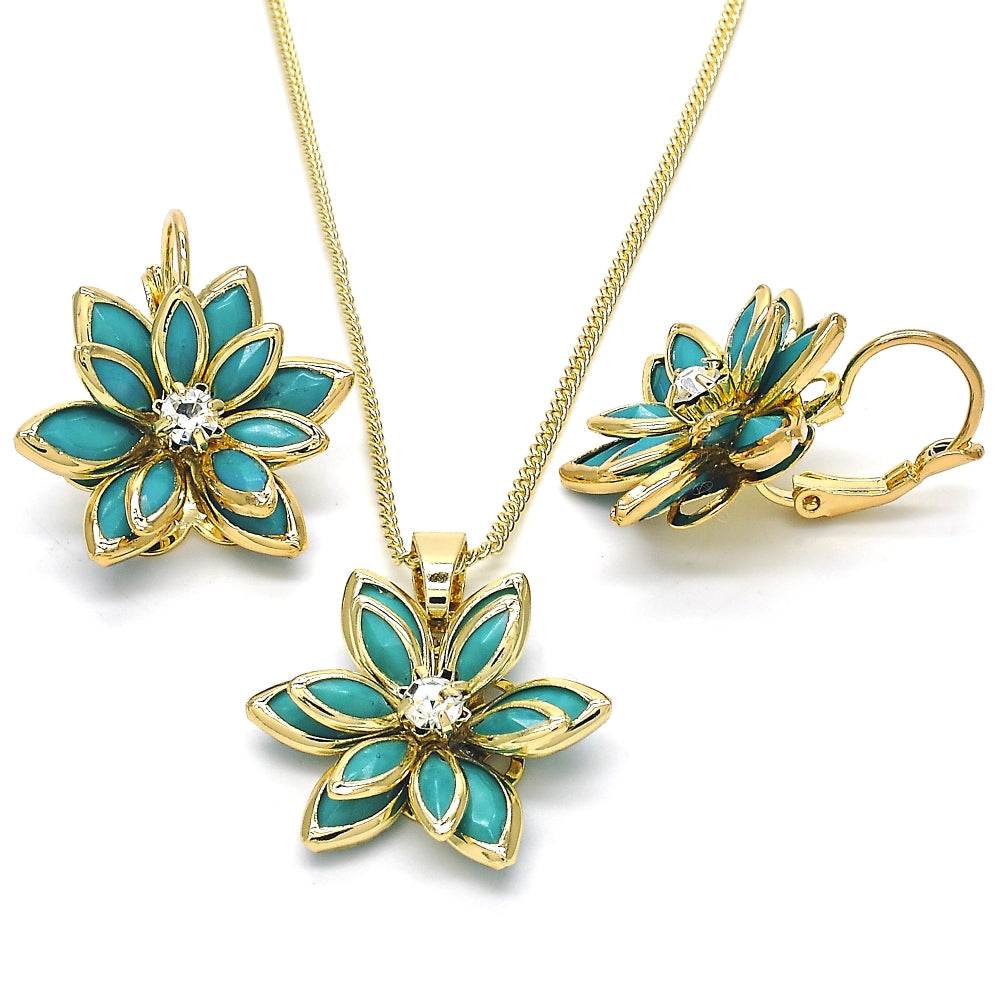 Oro Laminado Earring and Pendant Adult Set, Gold Filled Style Flower Design, with Turquoise and White Crystal, Polished, Golden Finish