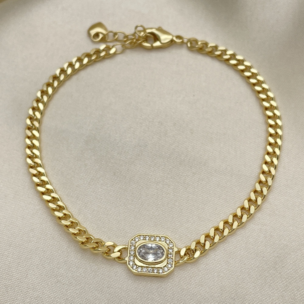 7" Adjustable Cuban Bracelet w/ White Stones Handmade - Gold Filled Bracelets - 03.213.0162.1.07