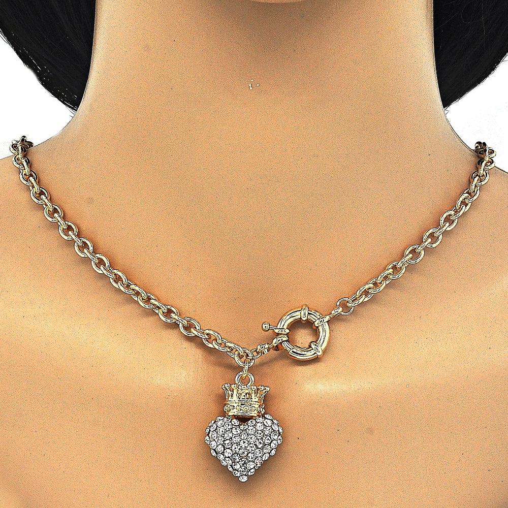 Oro Laminado Necklace and Bracelet, Gold Filled Style Heart and Crown Design, with White Crystal, Polished, Golden Finish