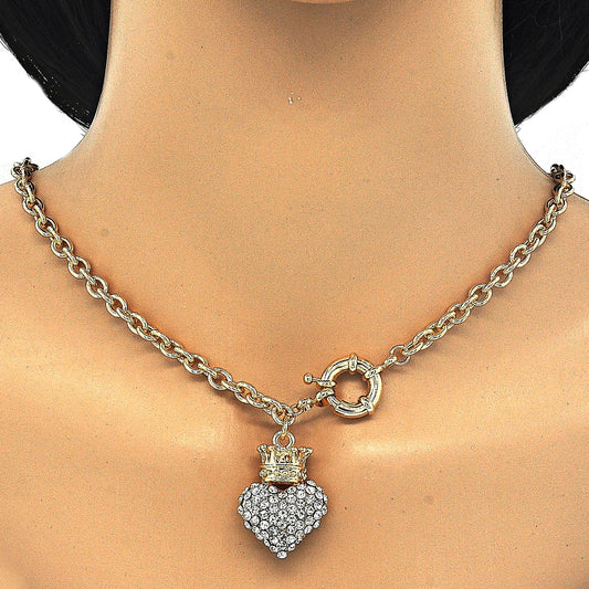 Oro Laminado Necklace and Bracelet, Gold Filled Style Heart and Crown Design, with White Crystal, Polished, Golden Finish
